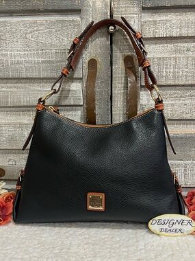 Dooney & BOURKE Pebbled Leather Hobo Shoulder Bag Black With  Brown Trim